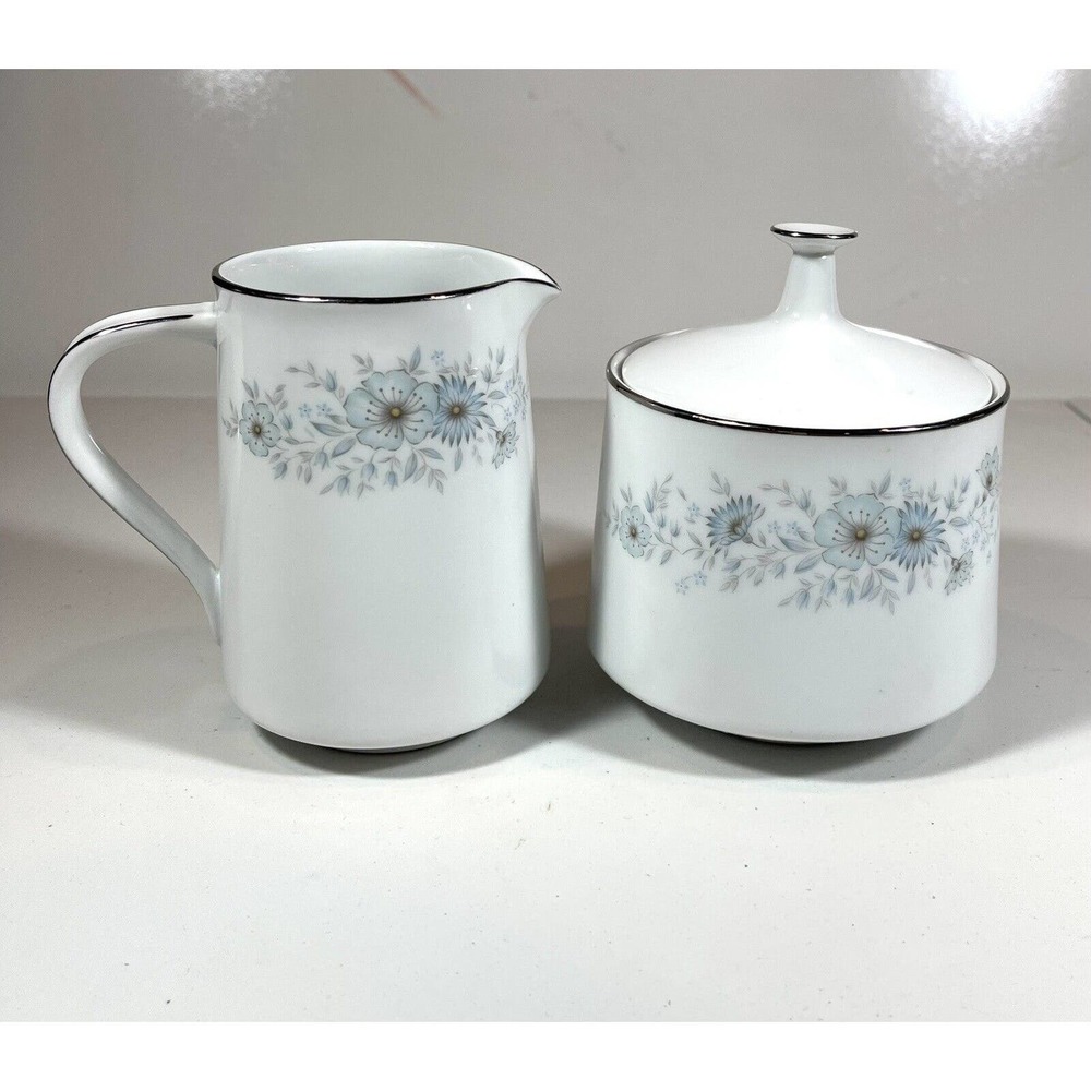 Noritake Japan Inverness Creamer & Sugar w/ Lid 6716 Platinum Rim Contemporary